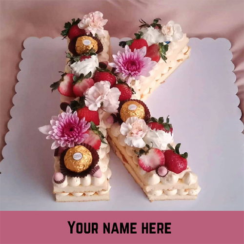 K Letter Birthday Wishes Cake With Flower Decoration