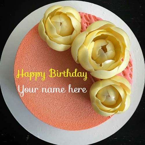 Print Name On Peach Color Birthday Cake For Friend