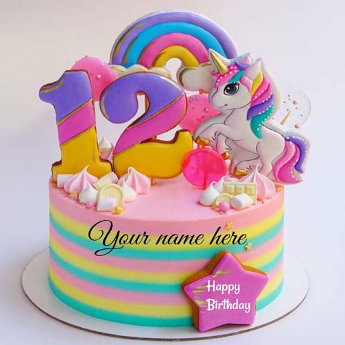 Happy 12th Birthday Cake With Rainbow Theme For Kid