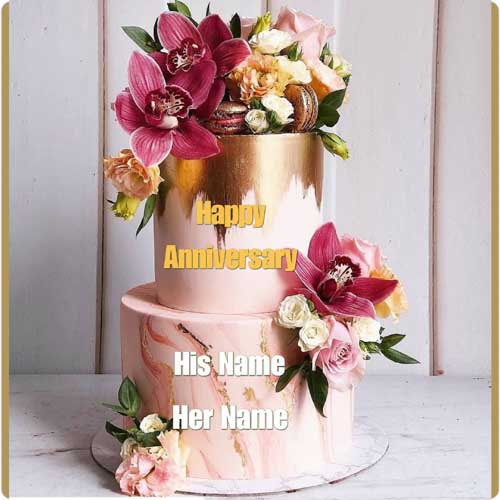 Double Layer Flower Decorated Cake For Couple With Name