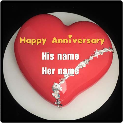 Red Heart Happy Anniversary Cake With Couple Name