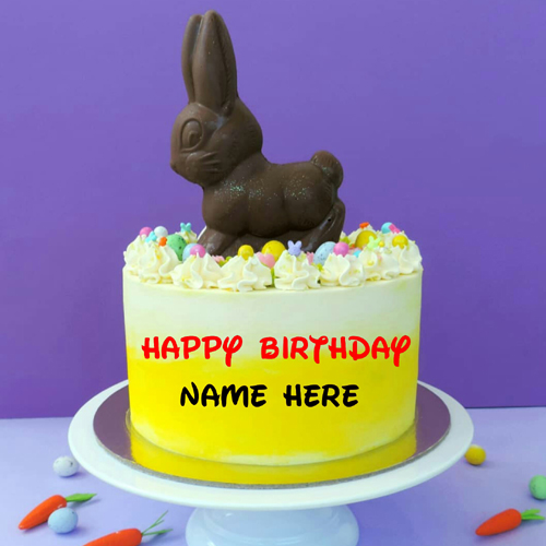 Chocolate Rabbit On Birthday Cake For Kid With Name