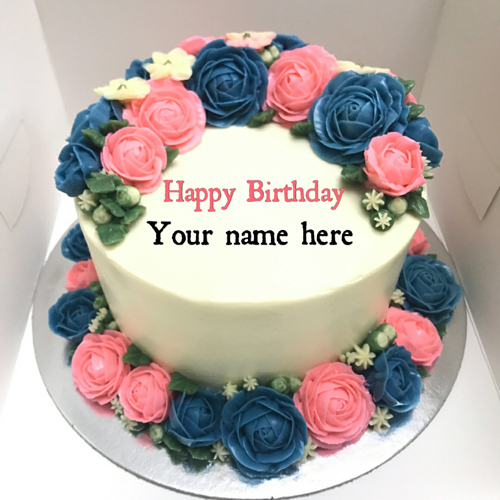 Flower Decorated Round Shape Birthday Cake With Name