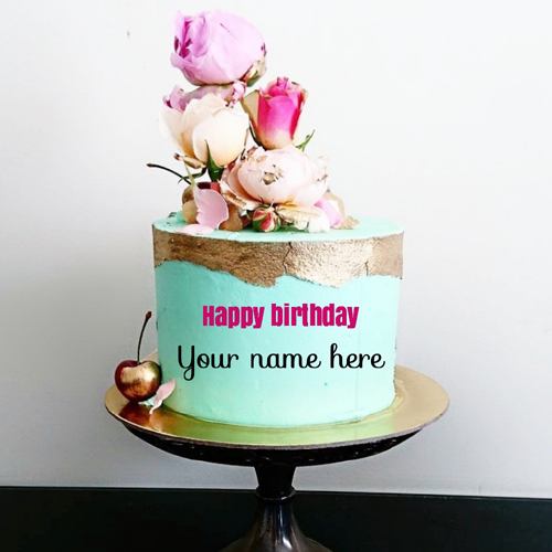 Beautiful Flower Decorated Birthday Cake With Wife Name