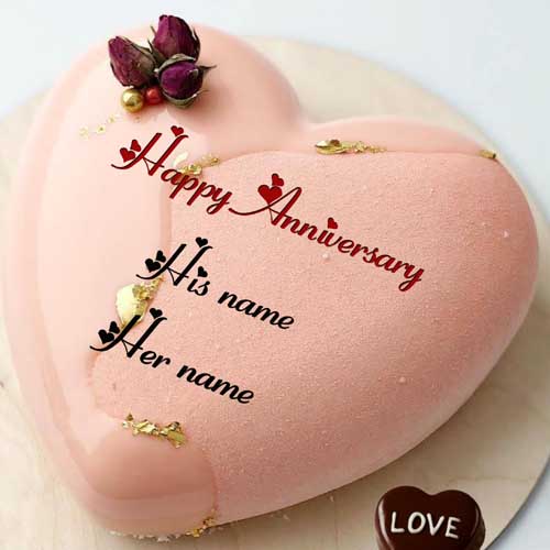 Heart Shape Happy Anniversary Cake With Couple Name