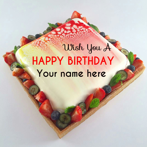 Write Name On Square Shaped Birthday Cake With Fruits