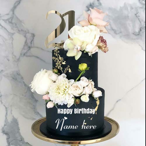 Happy 21st Flower Birthday Cake With Name On It