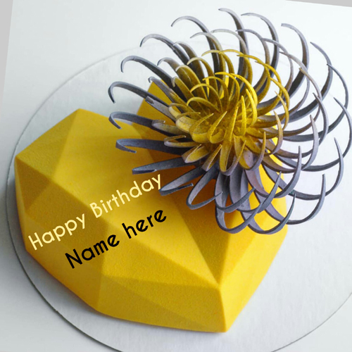 Yellow Color Heart Birthday Cake With Name On It