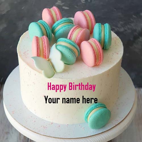 Macaroons Decorated Happy Birthday Cake With Name On It