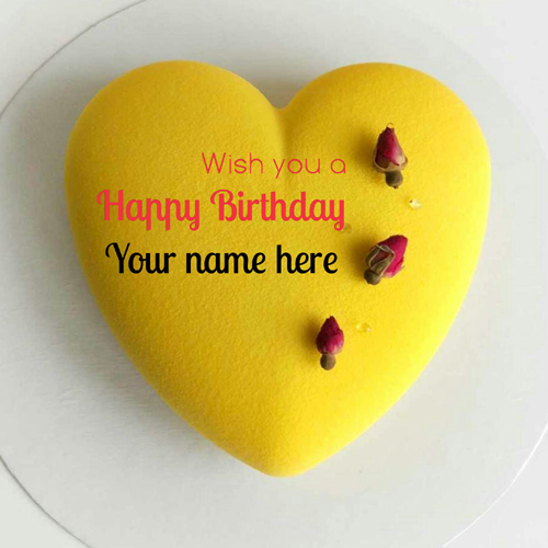 Yellow Color Heart Shape Velvet Birthday Cake With Name
