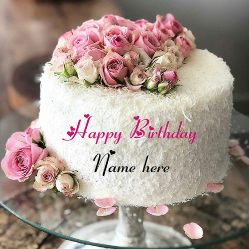 White Forest Flower Decorated Birthday Cake With Name