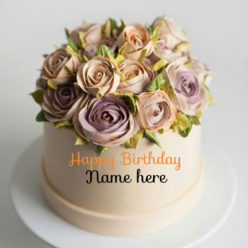 Write Name On Flower Decorated Cream Birthday Cake
