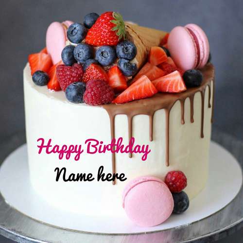 Write Name On Vanilla Cake With Fruit Toppings 