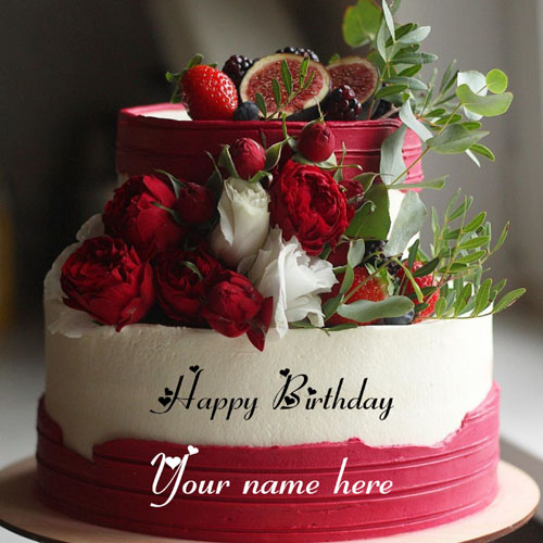 Double Layer Red Rose Decorated Birthday Cake With Name