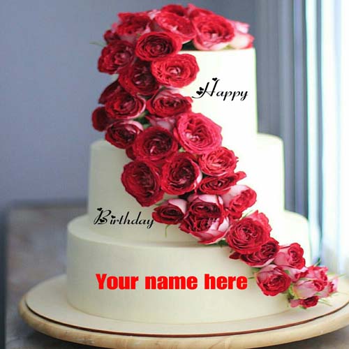 Three Layer Red Rose Flower Birthday Cake With Name