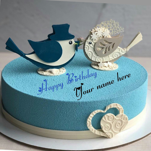 Love Birds Blue Color Birthday Cake With Name On It