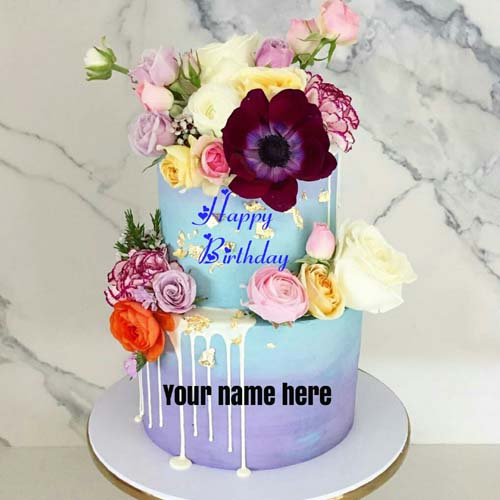 Double Layer Flower Birthday Wishes Cake With Name