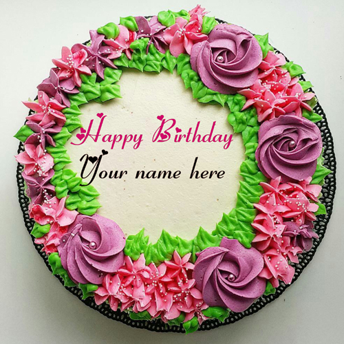Flower Cream Birthday Cake With Name On It