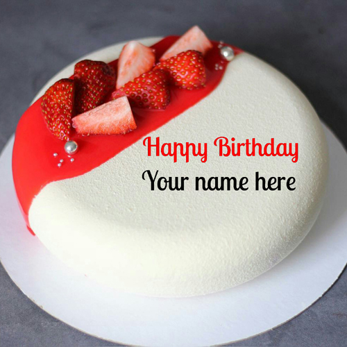 Write Name On Vanilla Strawberry Birthday Cake 