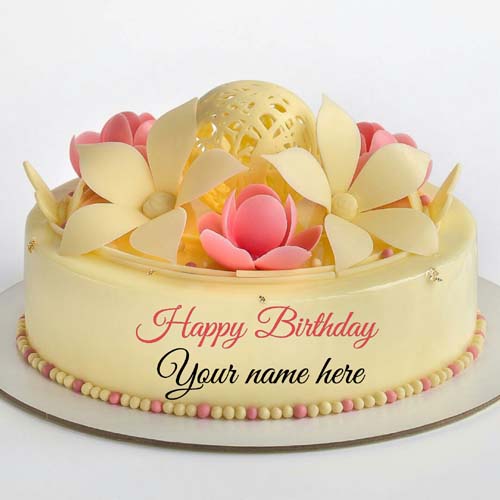 Vanilla Strawberry Cream Flower Cake With Mother Name