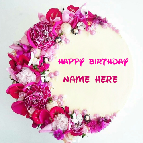 Beautiful Floral Art Round Shape Birthday Cake With Nam