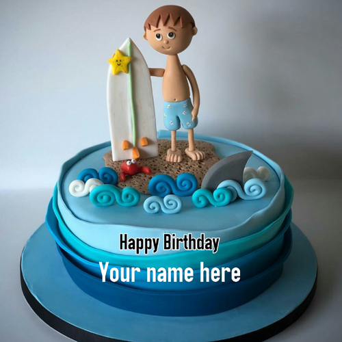 Surfing Board Happy Birthday Cake With Name For Surfer