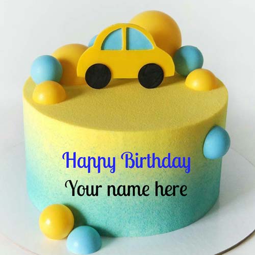 Write Kid Name On Happy Birthday Cake With Car