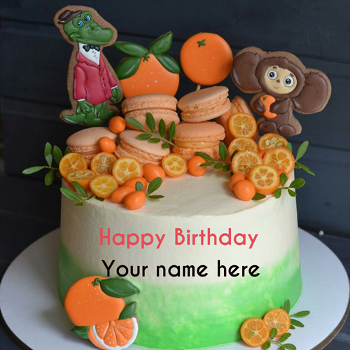 Cartoon Birthday Cake For Kid With Orange Toppings