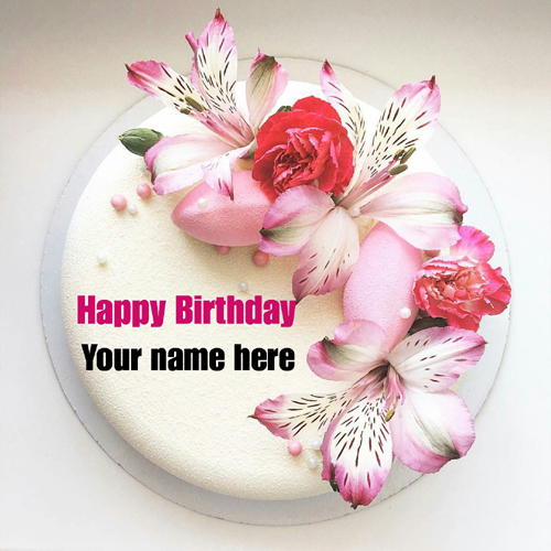 Write Name On Flower Decorated Vanilla Birthday Cake 