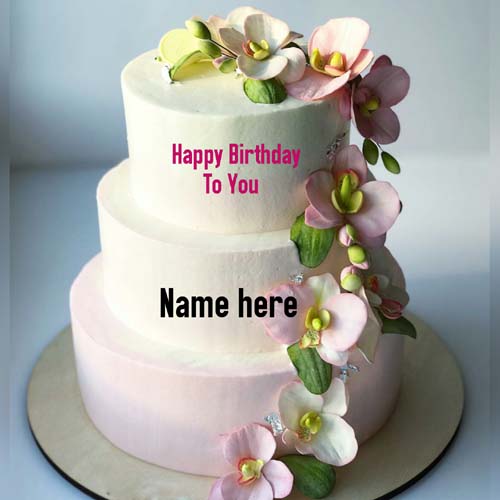 Three Layer Flower Decorated Vanilla Birthday Name Cake