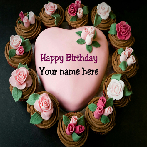 Write Name On Heart Shaped Rose Flower Birthday Cake