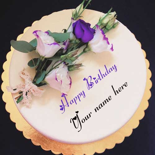 White Purple Flower Beautiful Birthday Cake With Name 