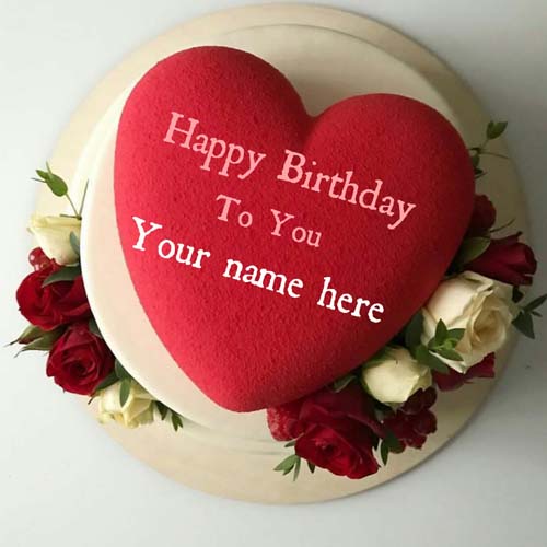 Red Heart Flower Decorated Birthday Cake With Name