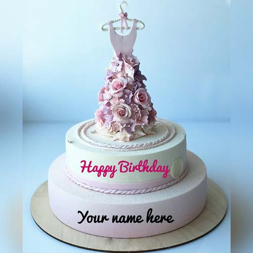 Write Name On Cream Birthday Cake With Dress