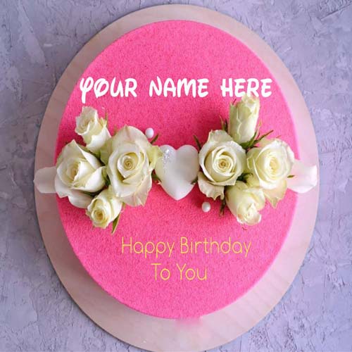 White Rose Flower Decorated Name Birthday Cake With Hea