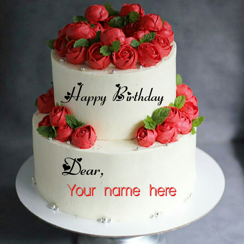 Double Layer Red Rose Flower Birthday Cake With Name