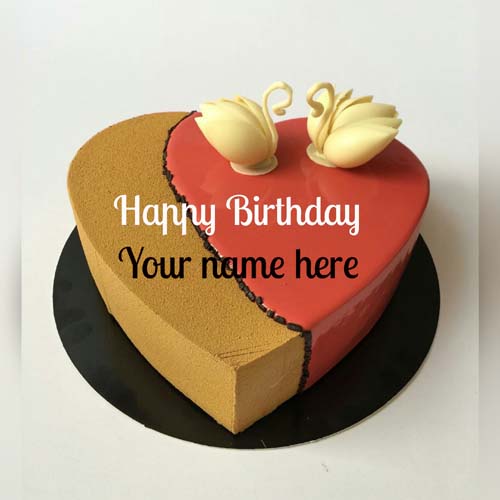 Love Bird Decorated Heart Birthday Cake With Name