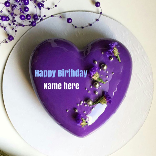 Mirror Glazed Purple Heart Birthday Cake With Name