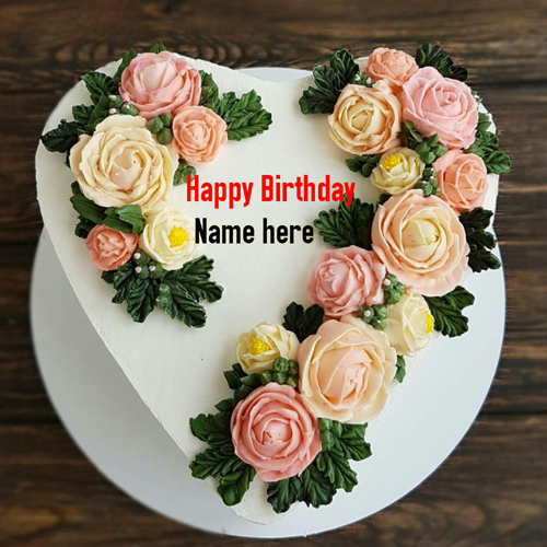 Flower Cream Heart Birthday Cake For Love With Name